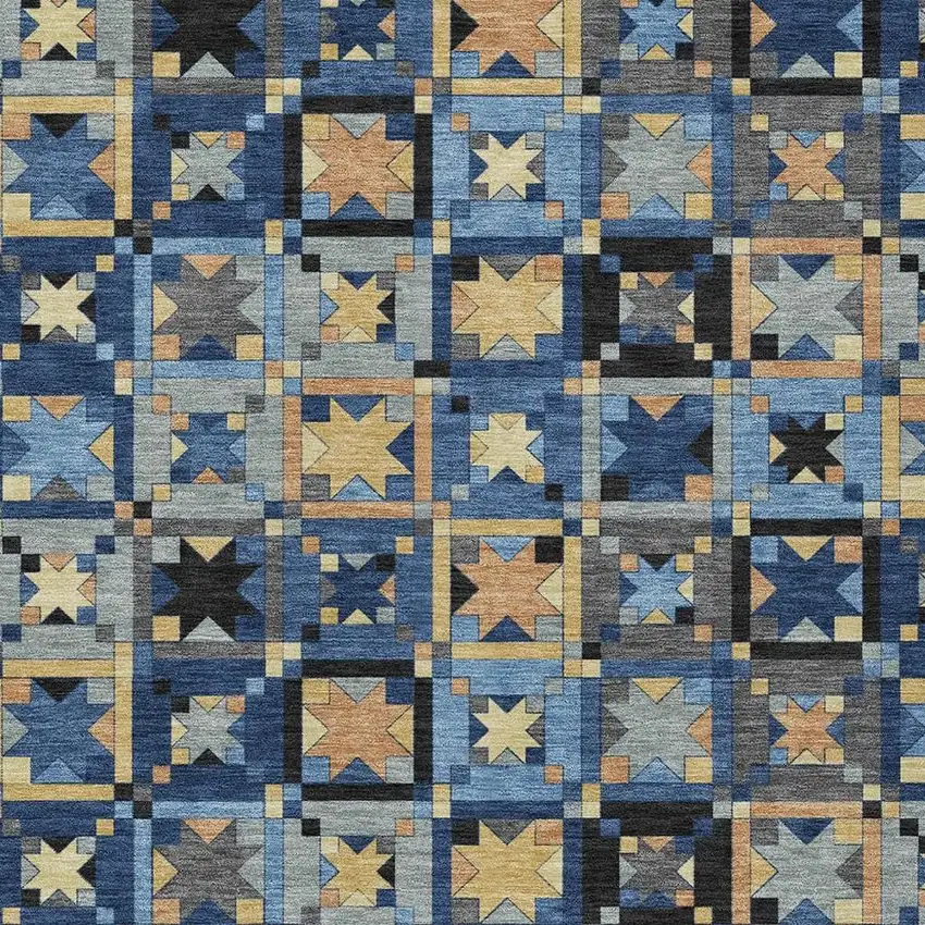 Navy Blue And Gold Patchwork Washable Indoor Outdoor Area Rug Photo 3