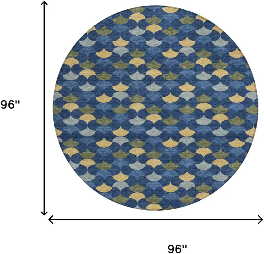 Navy Blue And Gold Round Geometric Washable Indoor Outdoor Area Rug Photo 6