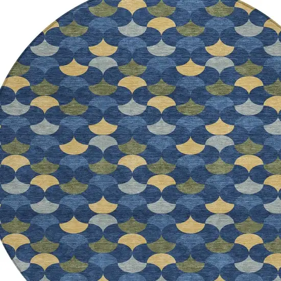 Navy Blue And Gold Round Geometric Washable Indoor Outdoor Area Rug Photo 2