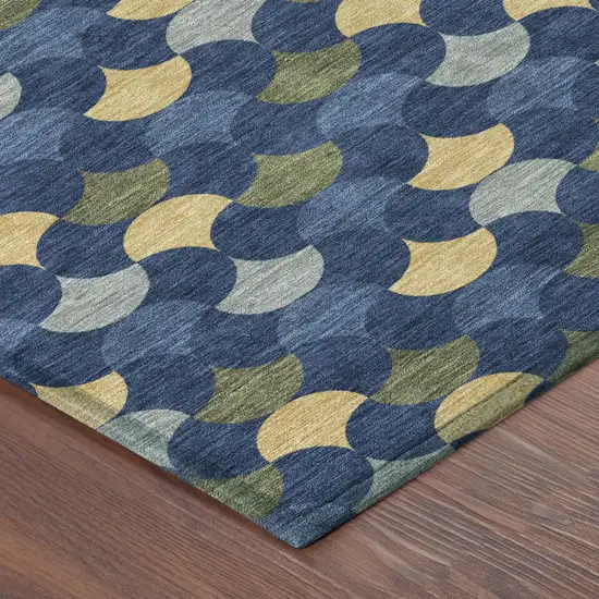 Navy Blue And Gold Round Geometric Washable Indoor Outdoor Area Rug Photo 4