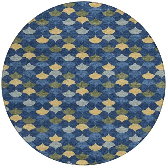 Navy Blue And Gold Round Geometric Washable Indoor Outdoor Area Rug Photo 3