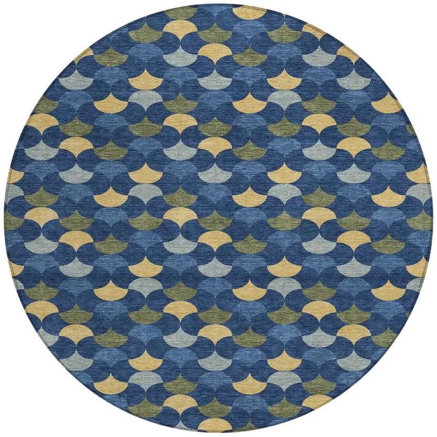 Navy Blue And Gold Round Geometric Washable Indoor Outdoor Area Rug Photo 3
