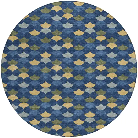 Navy Blue And Gold Round Geometric Washable Indoor Outdoor Area Rug Photo 1