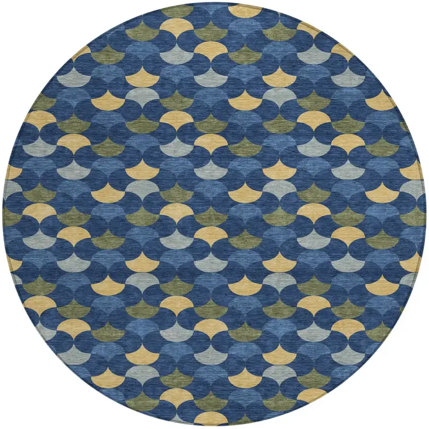 Navy Blue And Gold Round Geometric Washable Indoor Outdoor Area Rug Photo 1