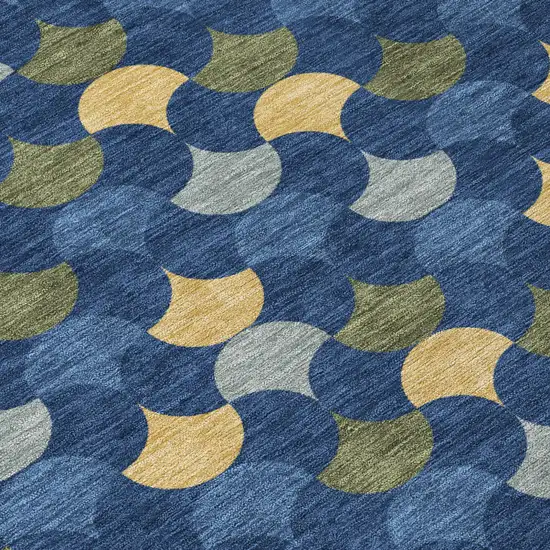 Navy Blue And Gold Round Geometric Washable Indoor Outdoor Area Rug Photo 5