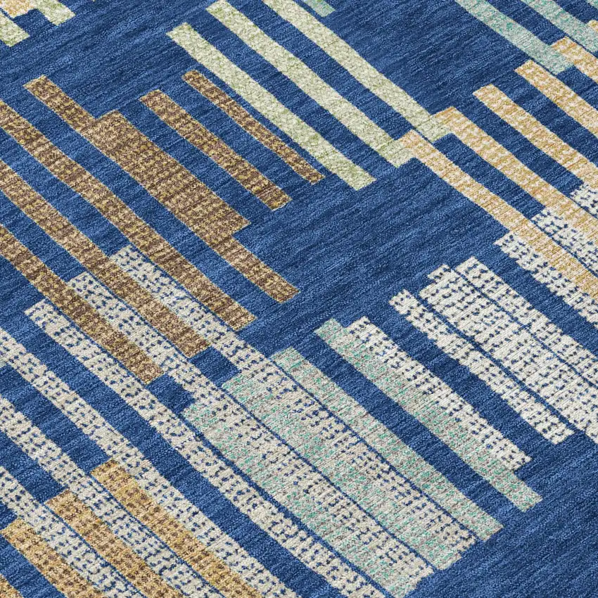 Navy Blue And Gold Striped Washable Indoor Outdoor Area Rug Photo 5