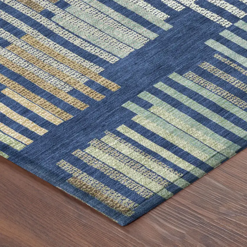 Navy Blue And Gold Striped Washable Indoor Outdoor Area Rug Photo 4