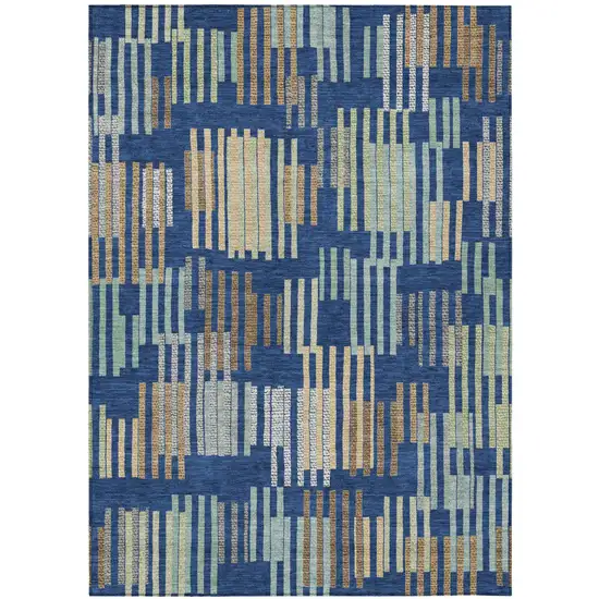 Navy Blue And Gold Striped Washable Indoor Outdoor Area Rug Photo 1