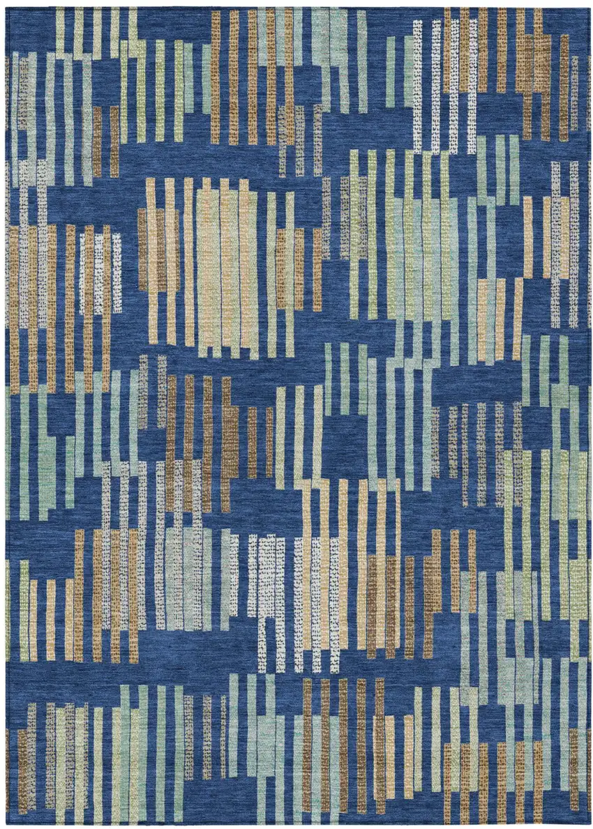 Navy Blue And Gold Striped Washable Indoor Outdoor Area Rug Photo 1
