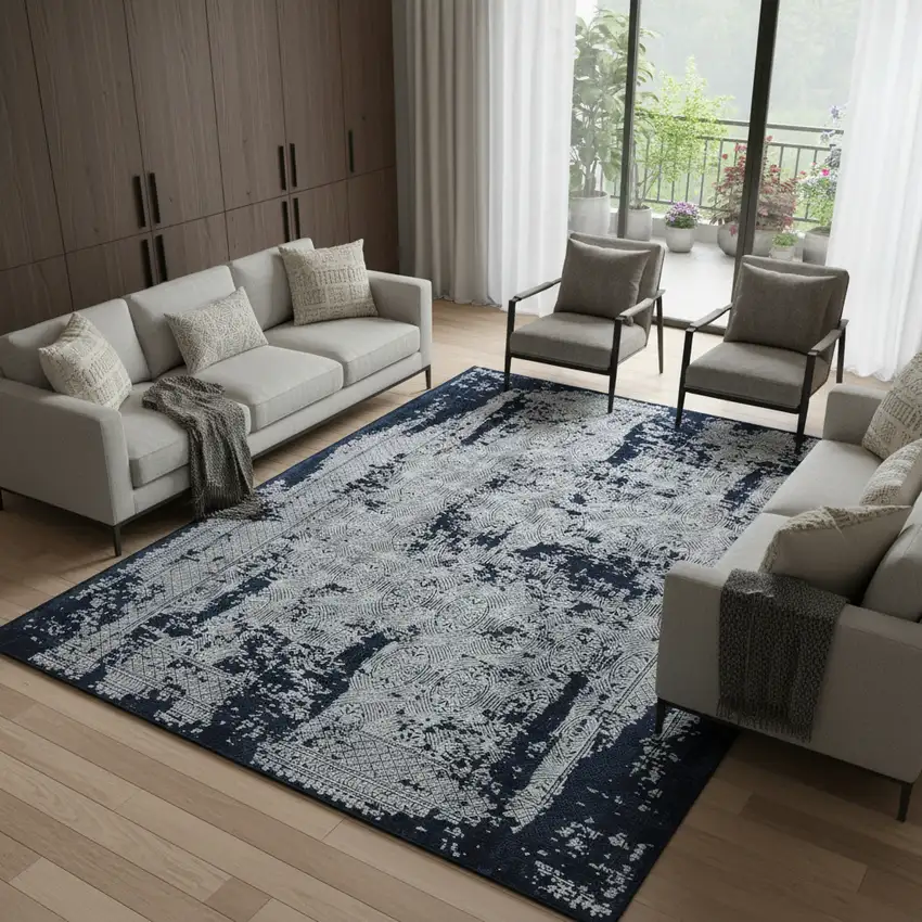 Gray And Navy Blue Abstract Distressed Area Rug With Fringe Photo 1