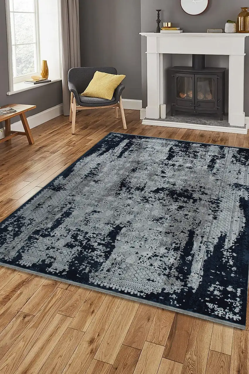 Navy Blue And Gray Abstract Area Rug Photo 5