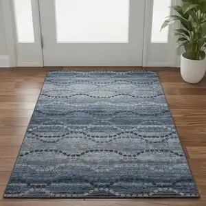 Photo of Navy Blue And Gray Abstract Geometric Washable Area Rug With UV Protection