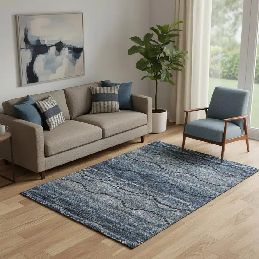 Navy Blue And Gray Abstract Geometric Washable Area Rug With UV Protection Photo 2