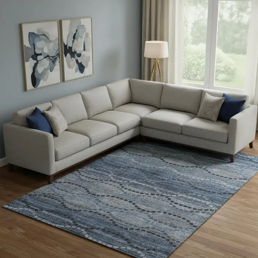 Navy Blue And Gray Abstract Geometric Washable Area Rug With UV Protection Photo 2