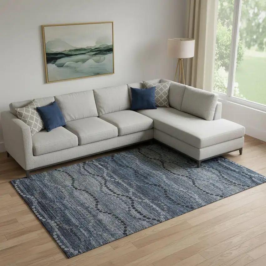 Navy Blue And Gray Abstract Geometric Washable Area Rug With UV Protection Photo 2