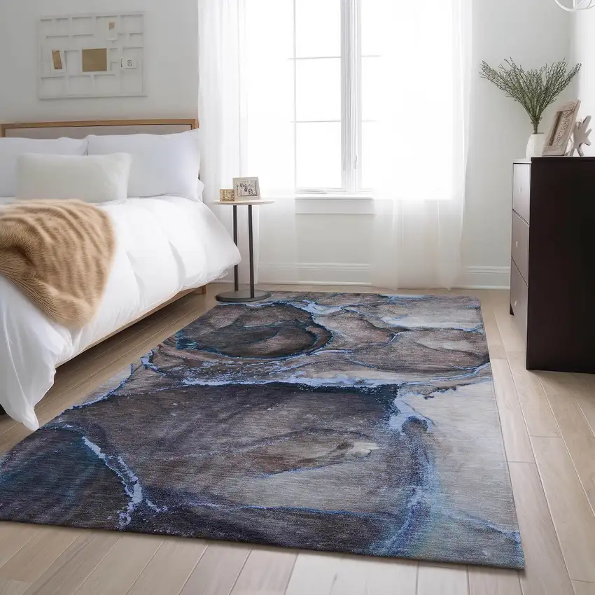 Navy Blue And Gray Abstract Washable Area Rug With UV Protection Photo 5