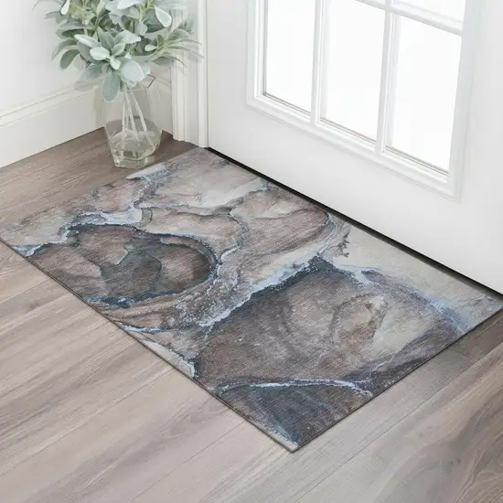Navy Blue And Gray Abstract Washable Area Rug With UV Protection Photo 1