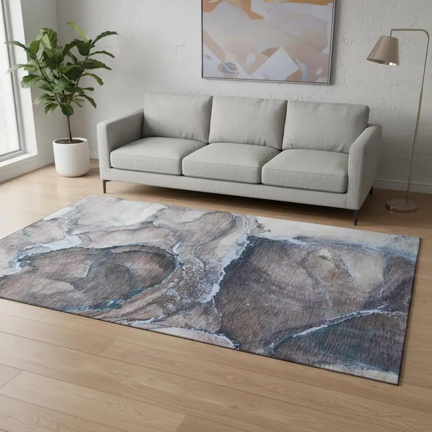 Navy Blue And Gray Abstract Washable Area Rug With UV Protection Photo 2