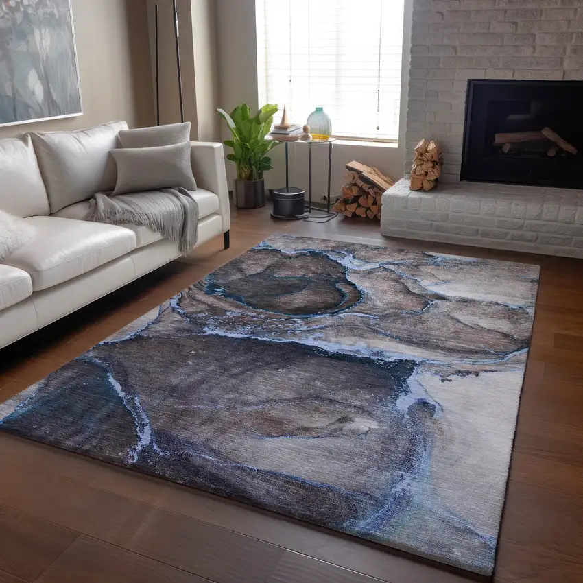 Navy Blue And Gray Abstract Washable Area Rug With UV Protection Photo 6
