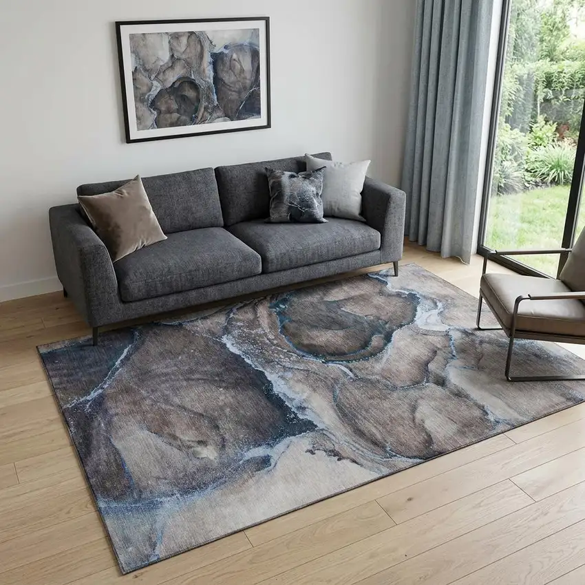 Navy Blue And Gray Abstract Washable Area Rug With UV Protection Photo 1
