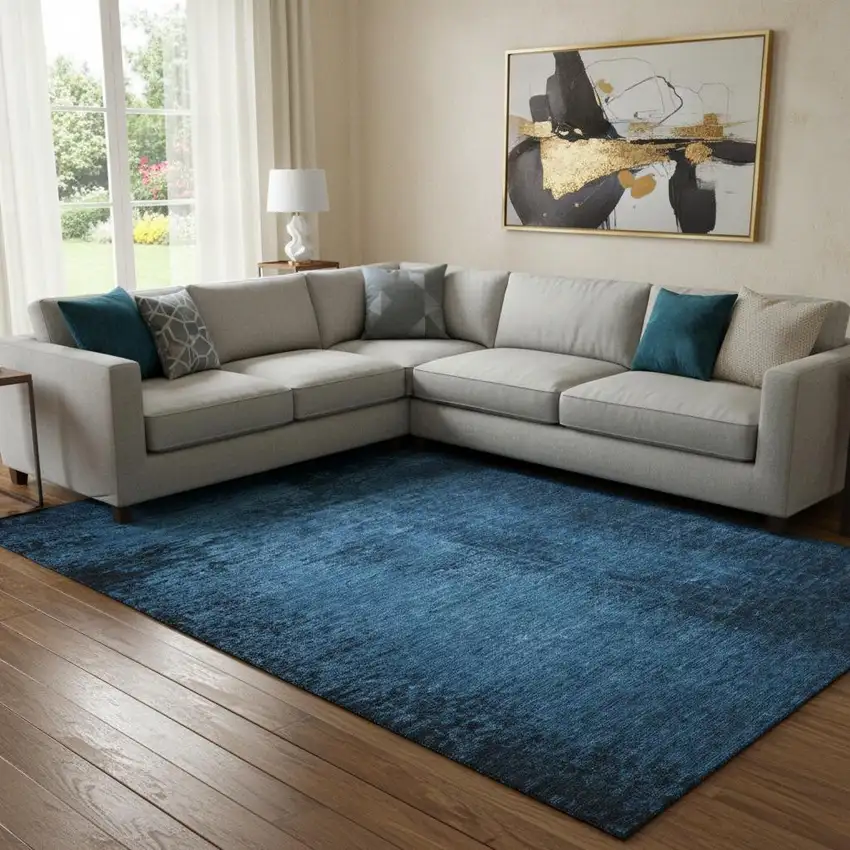 Navy Blue And Gray Abstract Washable Area Rug With UV Protection Photo 1