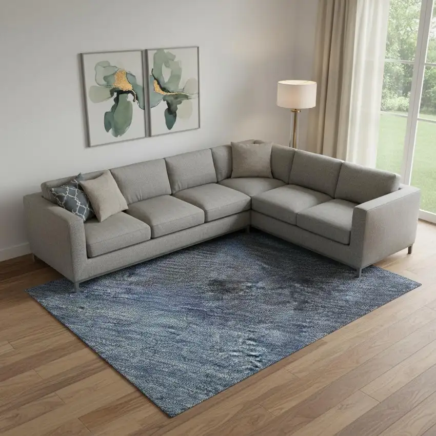 Navy Blue And Gray Abstract Washable Area Rug With UV Protection Photo 2