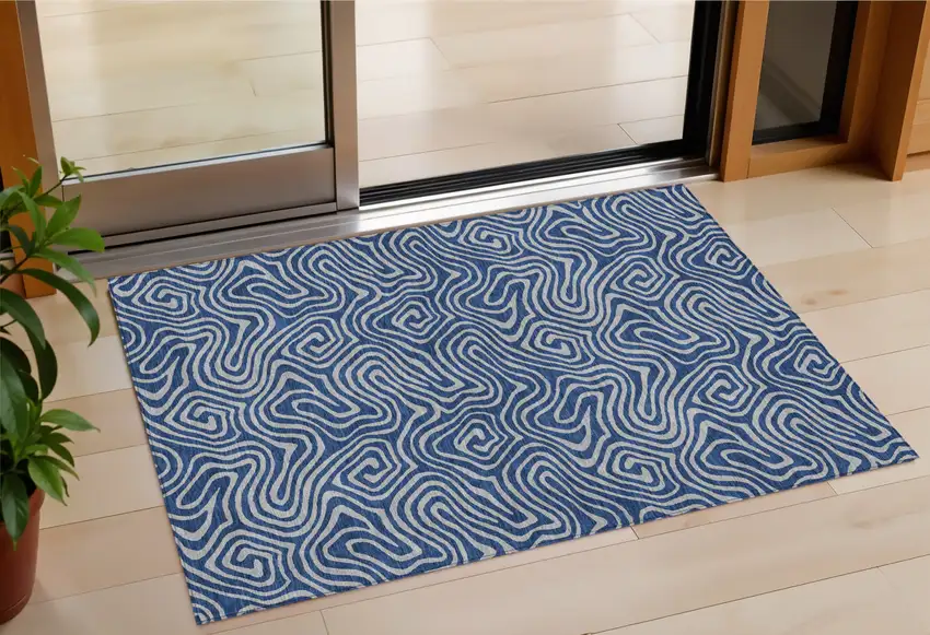 Navy Blue And Gray Abstract Washable Indoor Outdoor Area Rug Photo 1