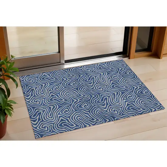 Navy Blue And Gray Abstract Washable Indoor Outdoor Area Rug Photo 1