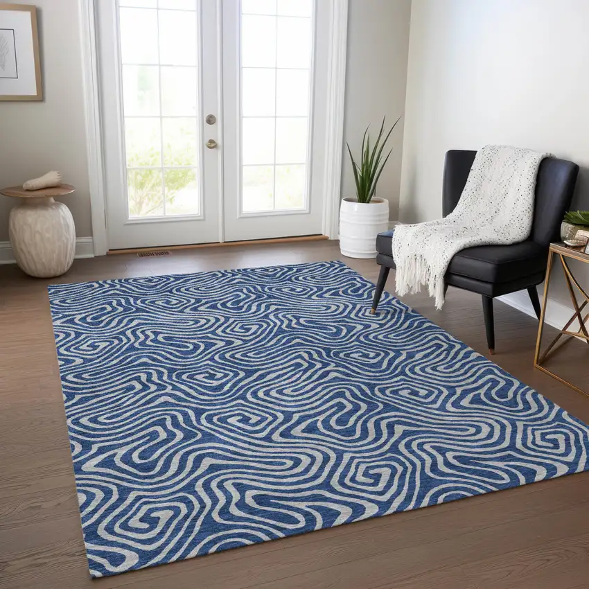 Navy Blue And Gray Abstract Washable Indoor Outdoor Area Rug Photo 9