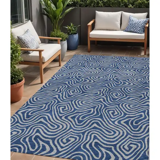 Navy Blue And Gray Abstract Washable Indoor Outdoor Area Rug Photo 1
