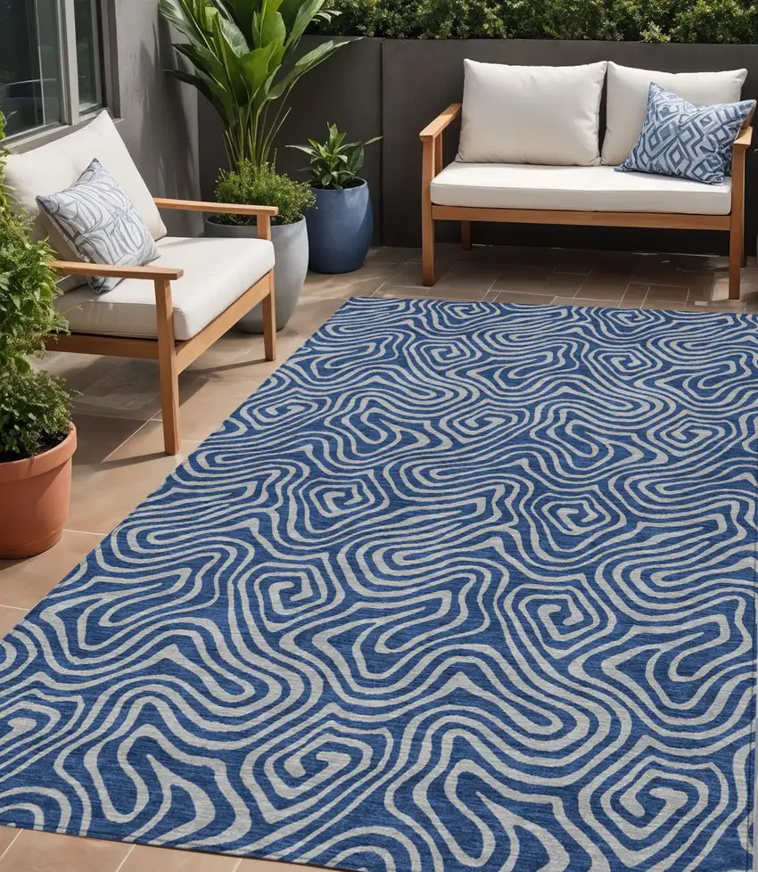 Navy Blue And Gray Abstract Washable Indoor Outdoor Area Rug Photo 1