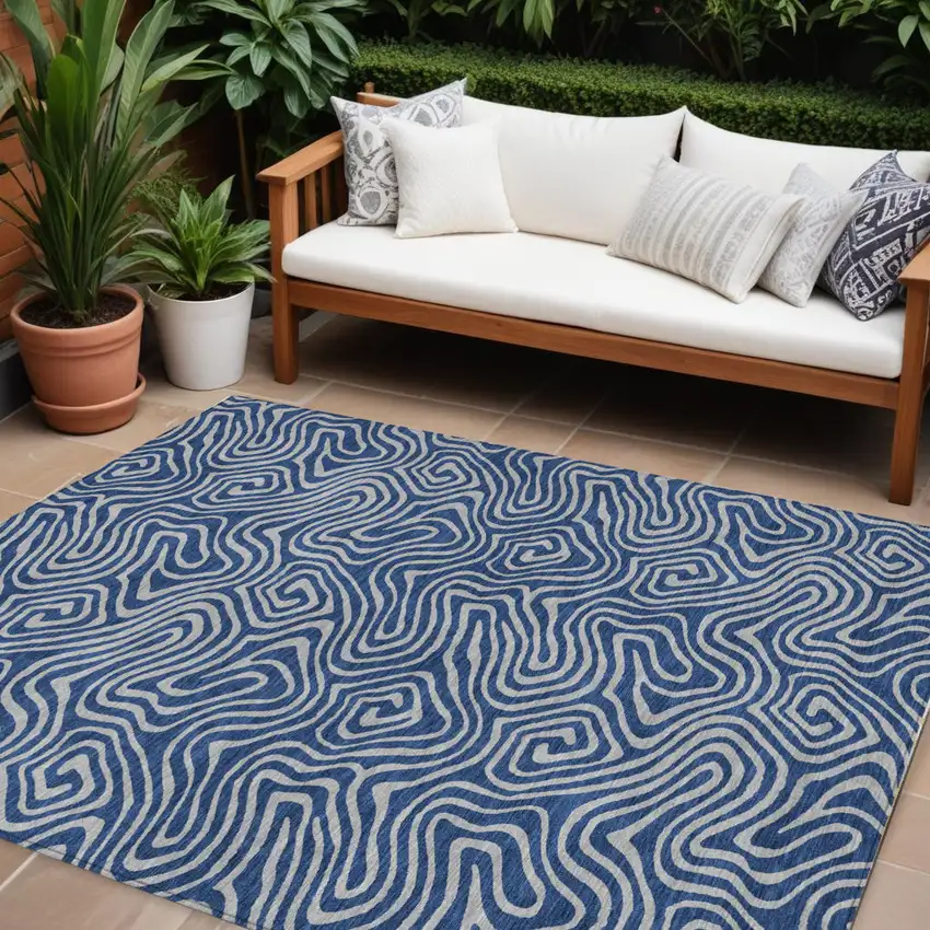 Navy Blue And Gray Abstract Washable Indoor Outdoor Area Rug Photo 1