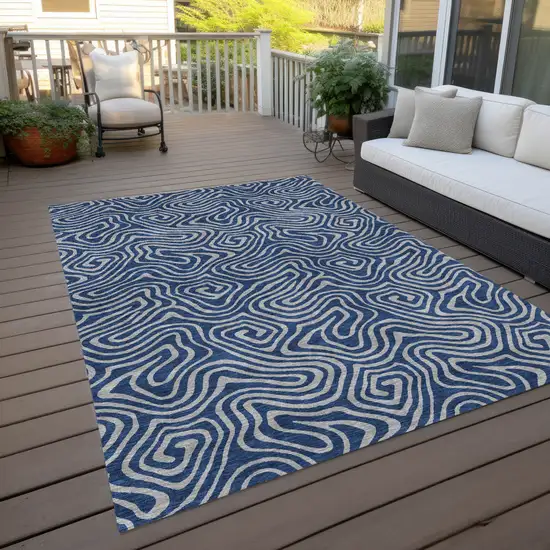 Navy Blue And Gray Abstract Washable Indoor Outdoor Area Rug Photo 8