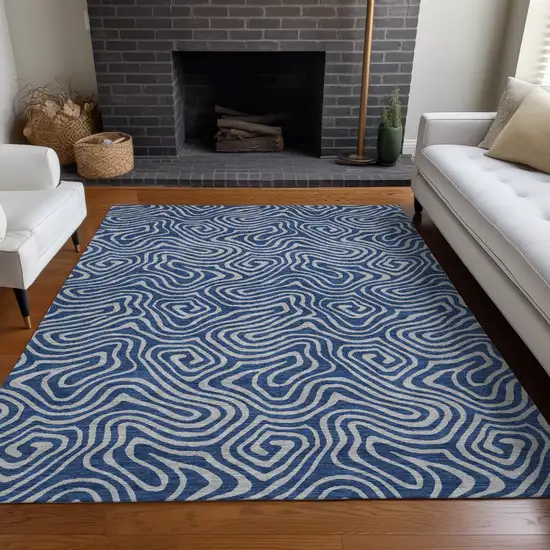 Navy Blue And Gray Abstract Washable Indoor Outdoor Area Rug Photo 8