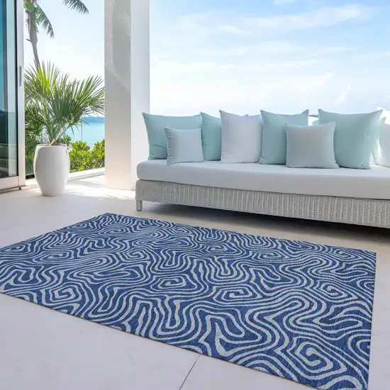Navy Blue And Gray Abstract Washable Indoor Outdoor Area Rug Photo 9