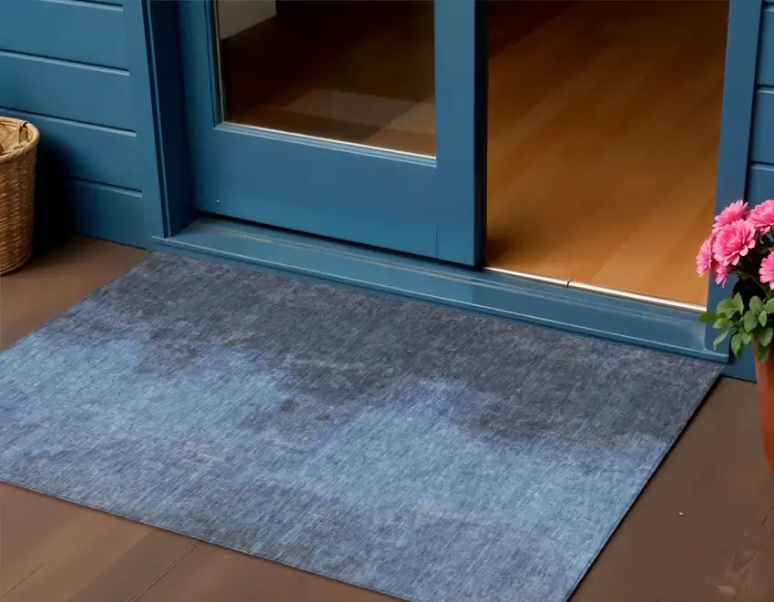 Navy Blue And Gray Abstract Washable Indoor Outdoor Area Rug Photo 2