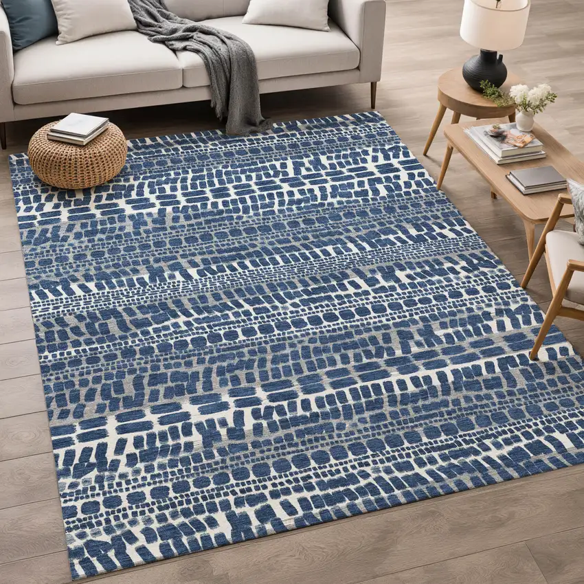 Navy Blue And Gray Abstract Washable Indoor Outdoor Area Rug Photo 5
