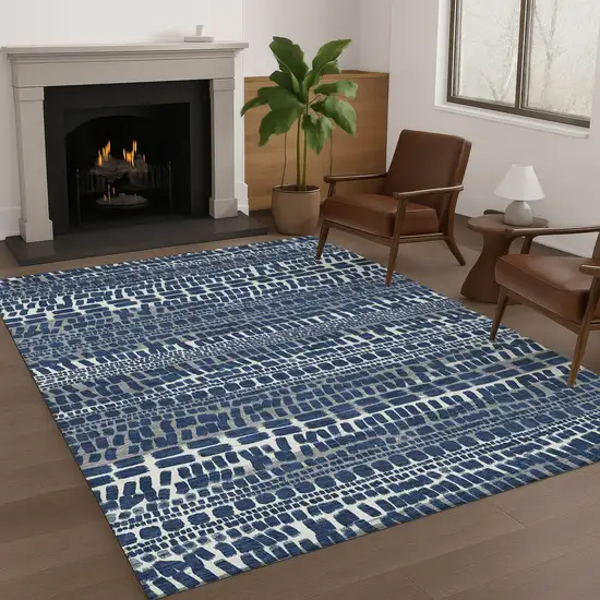 Navy Blue And Gray Abstract Washable Indoor Outdoor Area Rug Photo 6
