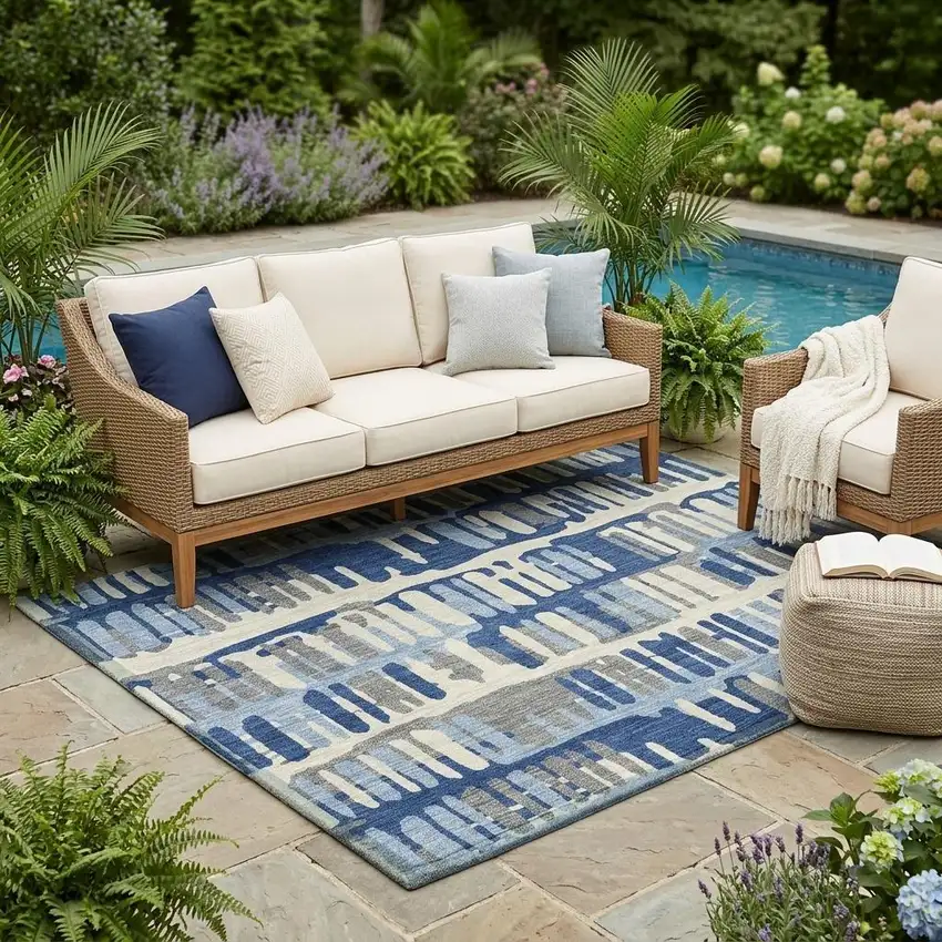 Navy Blue And Gray Abstract Washable Indoor Outdoor Area Rug Photo 1