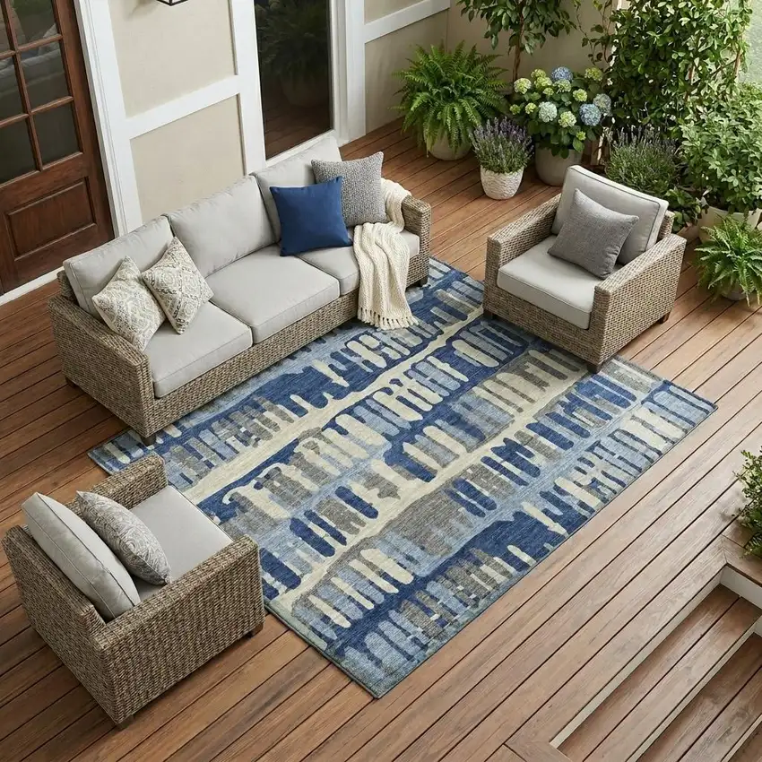 Navy Blue And Gray Abstract Washable Indoor Outdoor Area Rug Photo 1
