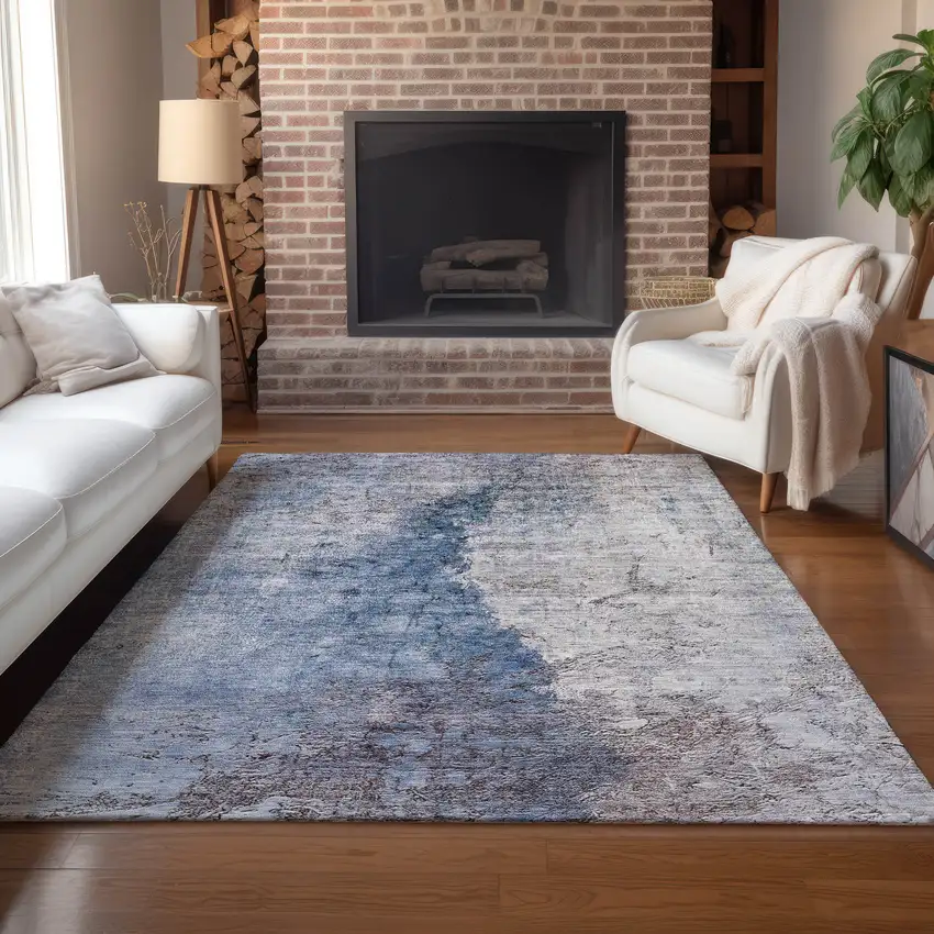 Navy Blue And Gray Abstract Washable Indoor Outdoor Area Rug Photo 7