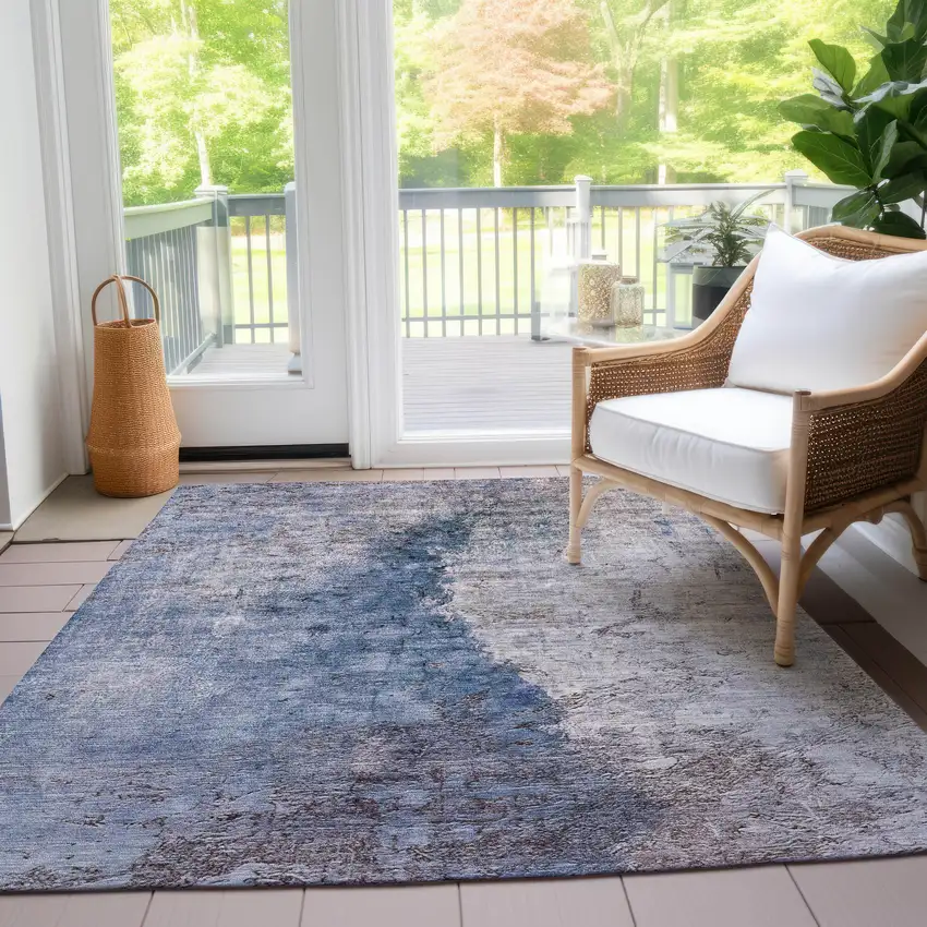 Navy Blue And Gray Abstract Washable Indoor Outdoor Area Rug Photo 8