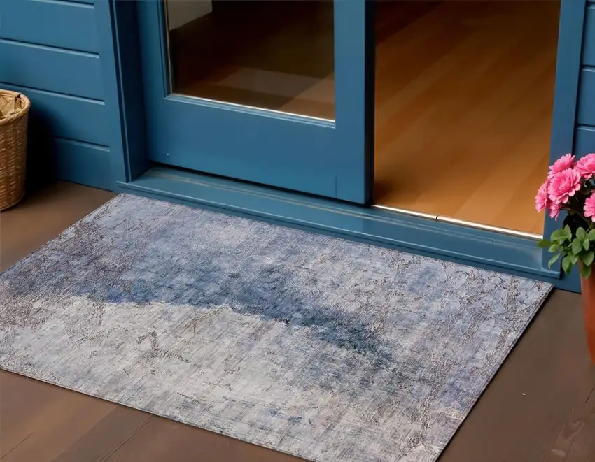 Navy Blue And Gray Abstract Washable Indoor Outdoor Area Rug Photo 1