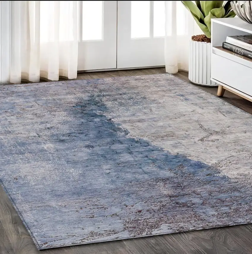 Navy Blue And Gray Abstract Washable Indoor Outdoor Area Rug Photo 8