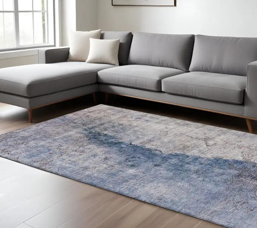 Navy Blue And Gray Abstract Washable Indoor Outdoor Area Rug Photo 8