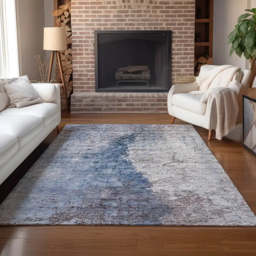 Navy Blue And Gray Abstract Washable Indoor Outdoor Area Rug Photo 9