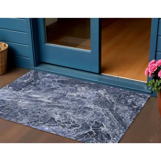 Navy Blue And Gray Abstract Washable Indoor Outdoor Area Rug Photo 1