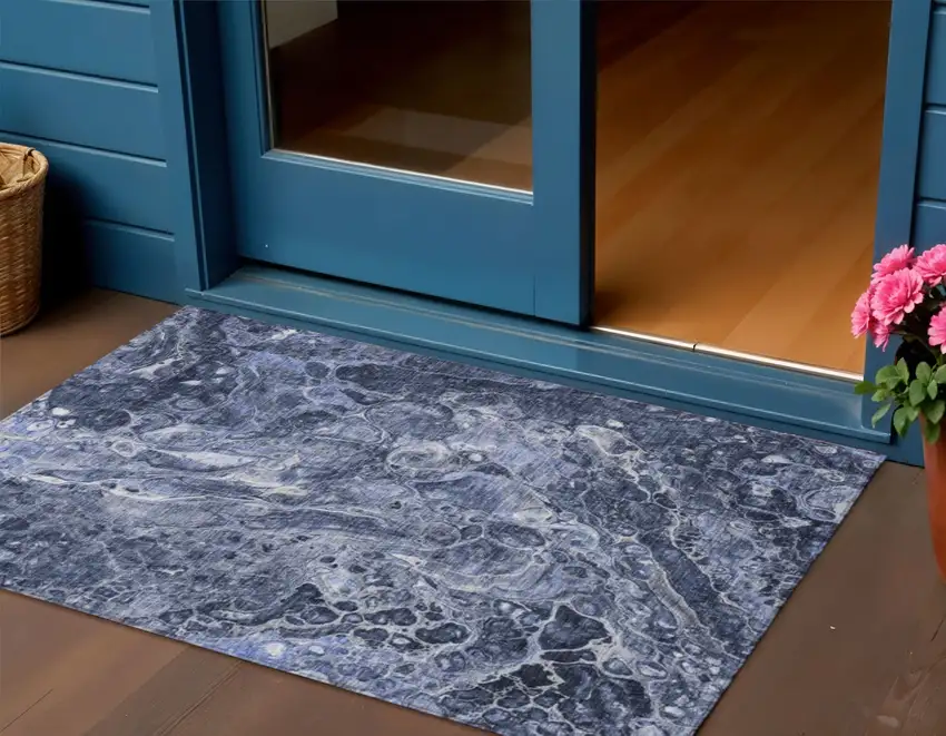 Navy Blue And Gray Abstract Washable Indoor Outdoor Area Rug Photo 1