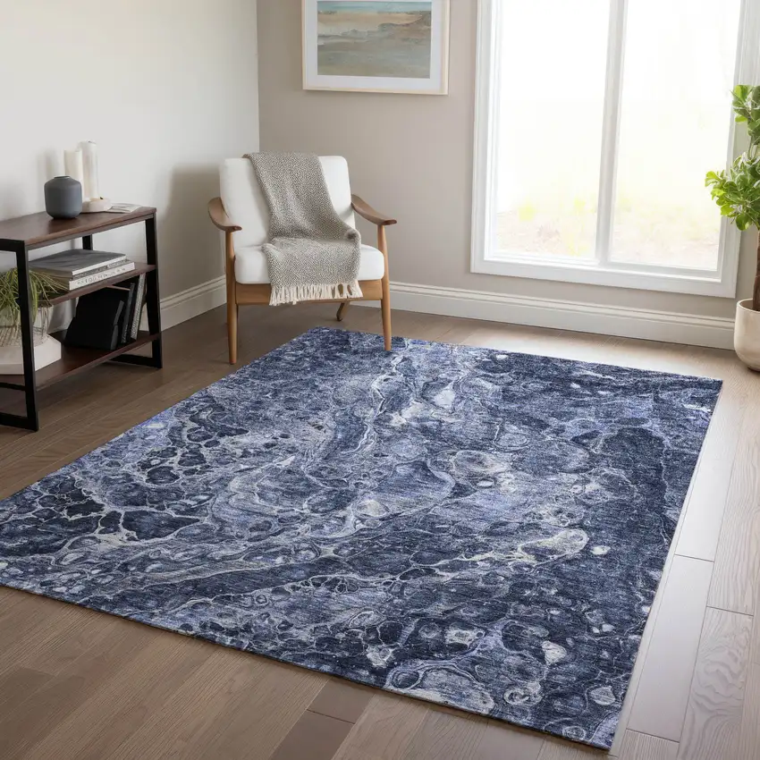 Navy Blue And Gray Abstract Washable Indoor Outdoor Area Rug Photo 9