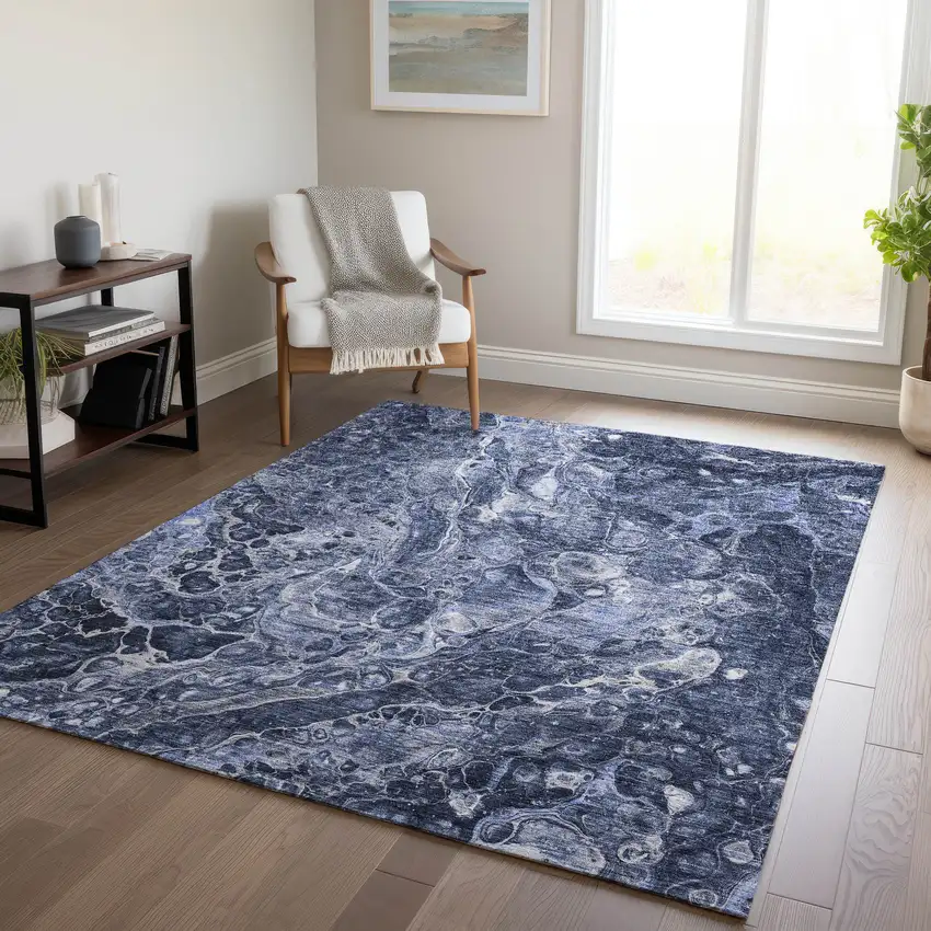 Navy Blue And Gray Abstract Washable Indoor Outdoor Area Rug Photo 9